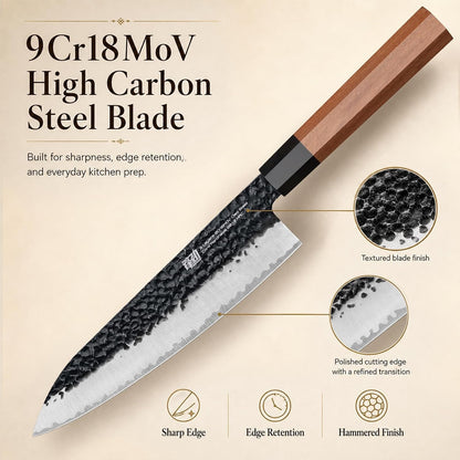 Japanese Kiritsuke Knife, 9 Inch Gyuto Chef Knife, Kitchen Knife with High Carbon Steel Blade, Octagonal Handle, for Meat, Fish, Vegetables and Fruits, Dynasty Series
