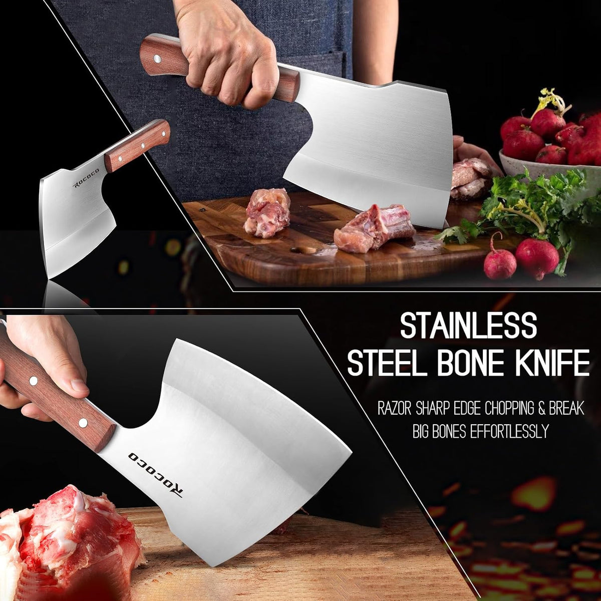 Meat Bone Cleaver Knife - Black Heavy Duty Butcher Meat Cutting Axes