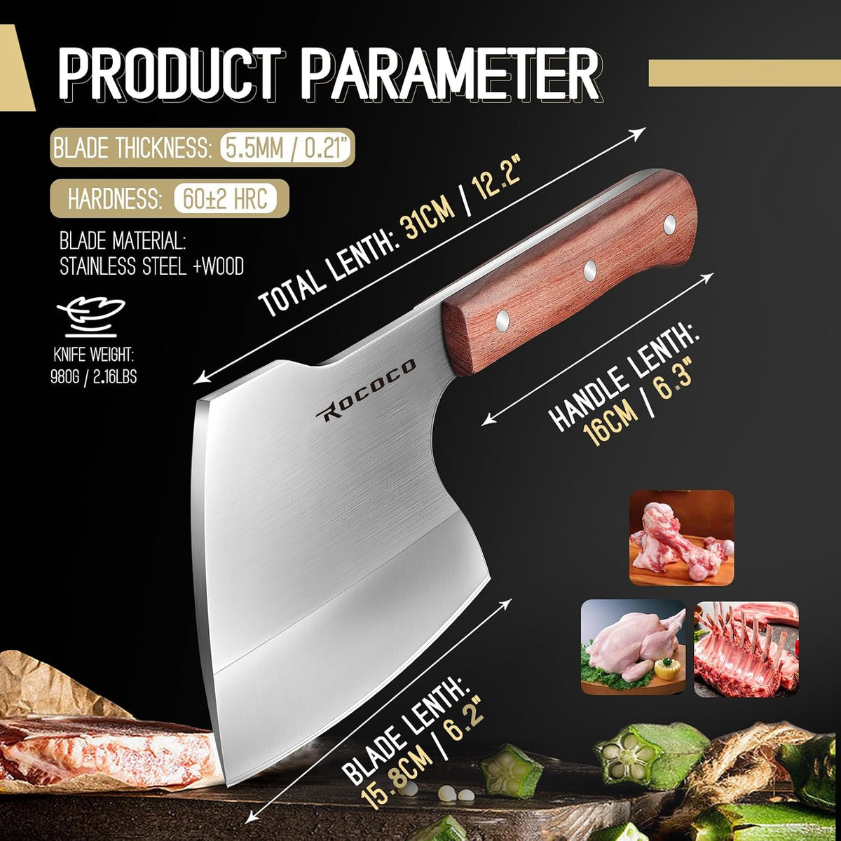 Meat Bone Cleaver Knife - Black Heavy Duty Butcher Meat Cutting Axes