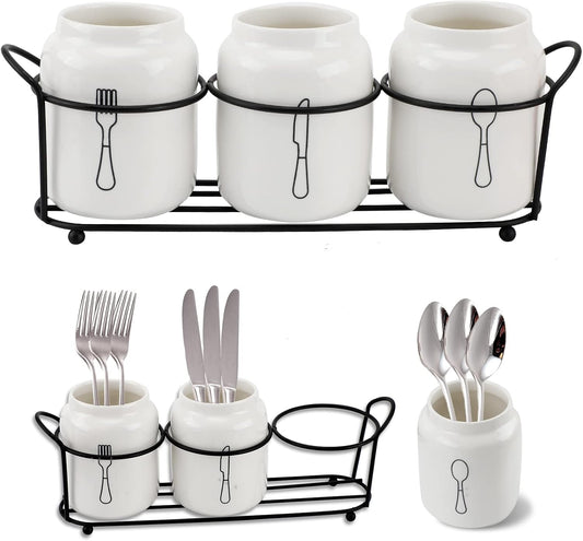 4 Piece Silverware Holder for Organizer Countertop White Ceramic Silverware Caddy with Black Metal Rack, Fork Spoon Utensil Holder Flatware Organizers Cutlery Storage for Kitchen Tabletop Cabinet