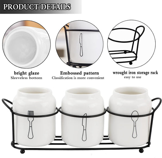 4 Piece Silverware Holder for Organizer Countertop White Ceramic Silverware Caddy with Black Metal Rack, Fork Spoon Utensil Holder Flatware Organizers Cutlery Storage for Kitchen Tabletop Cabinet