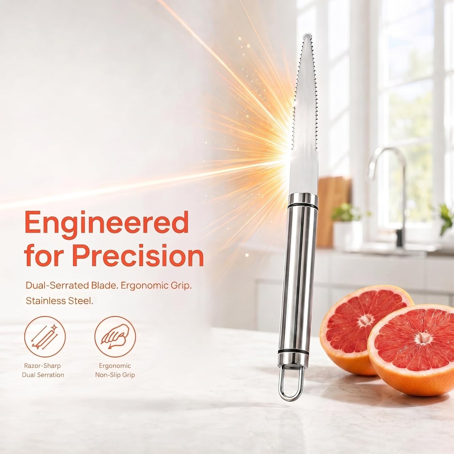 Stainless Steel Grapefruit Knife Curved Serrated Blade - Ergonomic Fruit Cutter for Citrus, Kitchen Tool with Dishwasher Safe Design