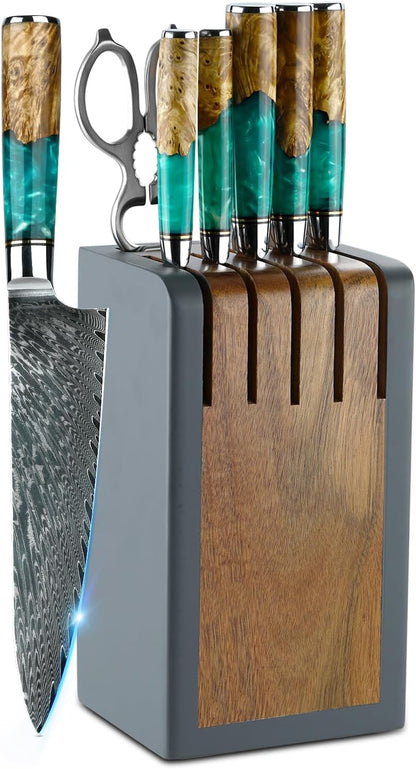 7-Piece Damascus Knife Block Sets, Damascus Knife Set for Professional Chefs, Cutlery Kitchen Scissors and Knives, Premium Razor Sharp Professional Chef Knife with Kitchen Shears and Block Set
