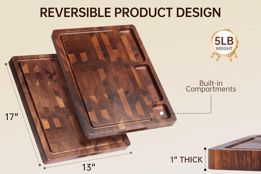 Walnut Cutting Boards for Kitchen, End Grain Wooden Chopping Board | 17"×13" Double Sided Charcuterie Board with Handle, 1"Thick Butcher Block Large for Prep & Serving with Gift Box