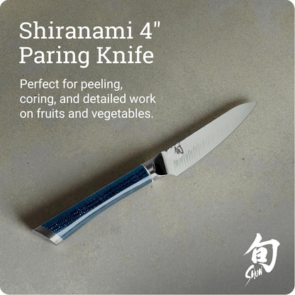 Shiranami 4" Paring Knife | Handcrafted Japanese Vegetable & Fruit Knife, VG10 and VG2 Damascus Steel Blade, Jute Micarta Handle
