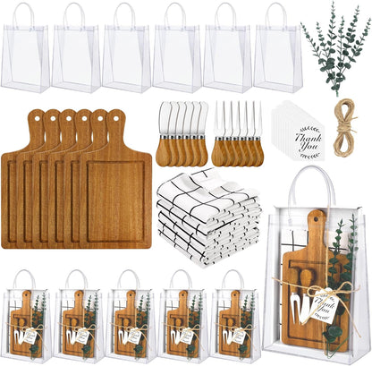 6 Sets Baby Shower Prizes for Game Winners 49 Pcs Square Acacia Wood Cheese Board Gift with Knives Spoons Gift Bags Kitchen Towels Bridal Shower Party Favors for Guests