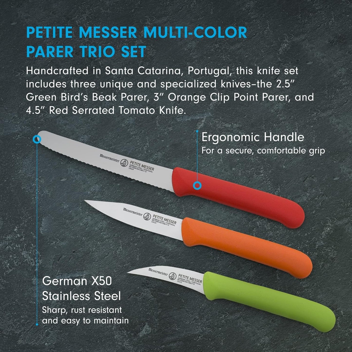 Petite Messer Parer Trio Set with Matching Sheath, Blue - Includes 2.5” Bird's Beak Parer, 3” Clip Point Parer & 4.5” Serrated Tomato Knife - Lightweight & Rust Resistant