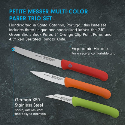Petite Messer Parer Trio Set with Matching Sheath, Blue - Includes 2.5” Bird's Beak Parer, 3” Clip Point Parer & 4.5” Serrated Tomato Knife - Lightweight & Rust Resistant