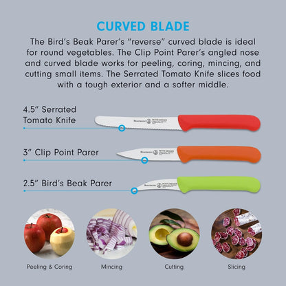 Petite Messer Parer Trio Set with Matching Sheath, Blue - Includes 2.5” Bird's Beak Parer, 3” Clip Point Parer & 4.5” Serrated Tomato Knife - Lightweight & Rust Resistant