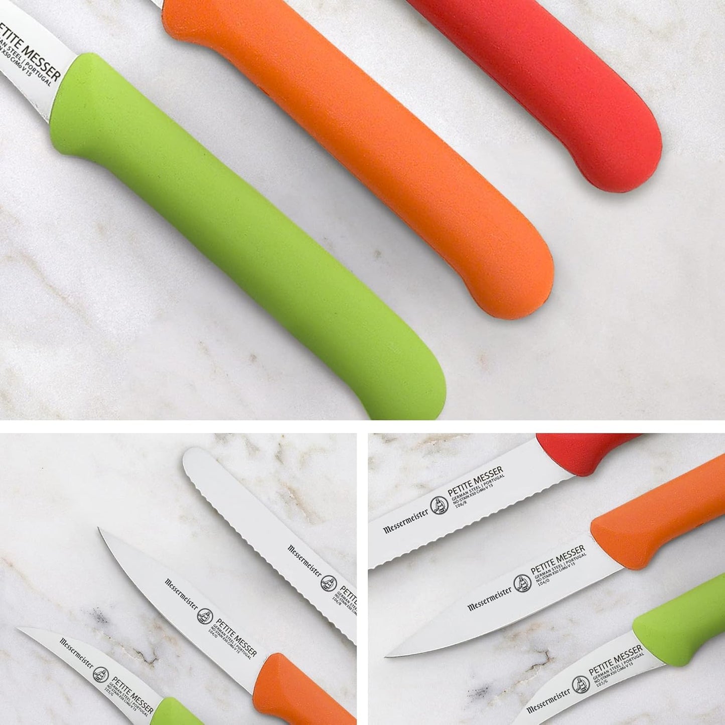 Petite Messer Parer Trio Set with Matching Sheath, Blue - Includes 2.5” Bird's Beak Parer, 3” Clip Point Parer & 4.5” Serrated Tomato Knife - Lightweight & Rust Resistant