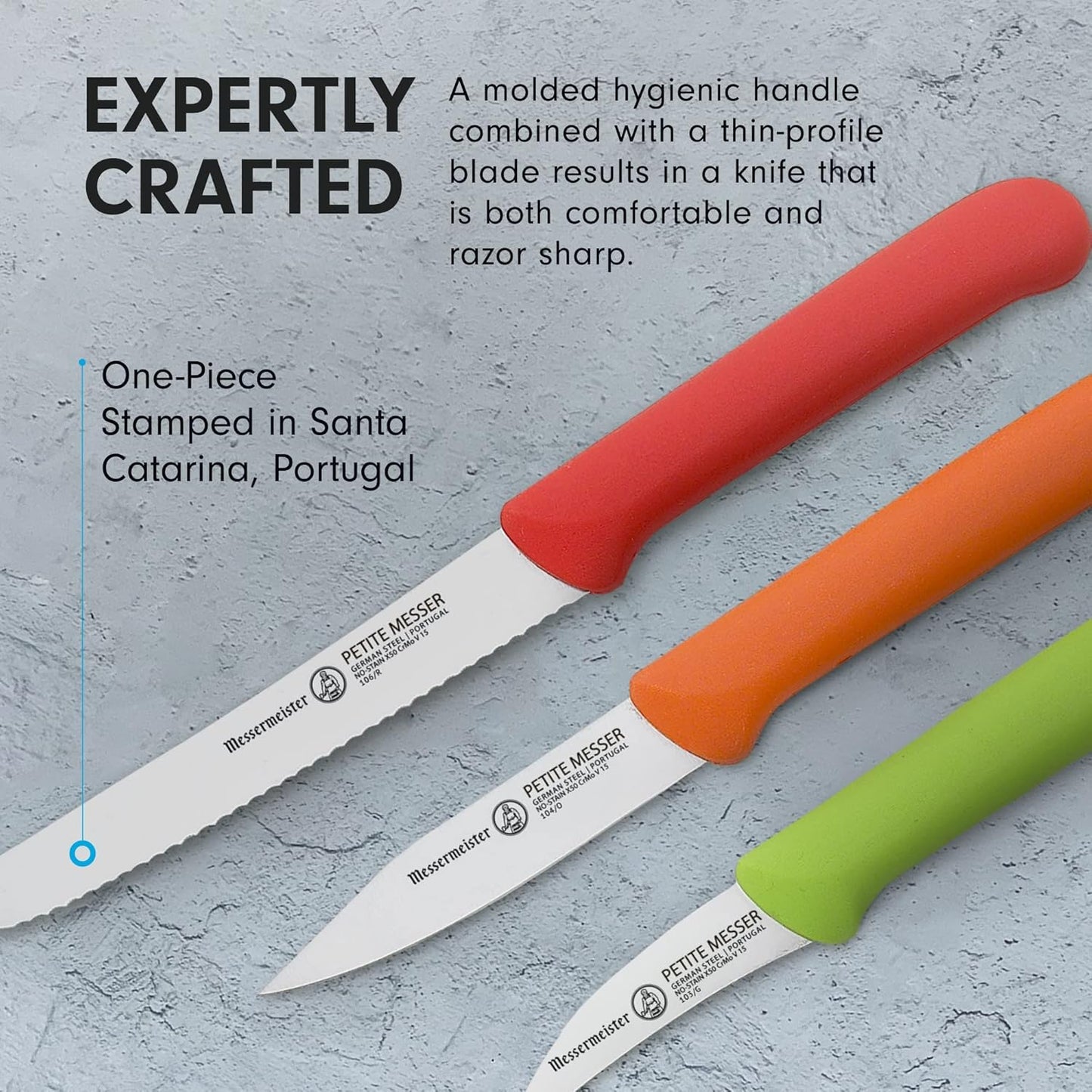 Petite Messer Parer Trio Set with Matching Sheath, Blue - Includes 2.5” Bird's Beak Parer, 3” Clip Point Parer & 4.5” Serrated Tomato Knife - Lightweight & Rust Resistant