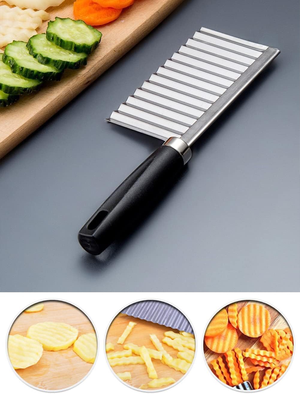 Crinkle Cutter Knife Stainless Steel Cutting Tool for Potato Carrot Chip Vegetable French Fry, Wavy Chopper Wave Slicer Steel Blade, Kids Lunch Accessories (Black Handle)