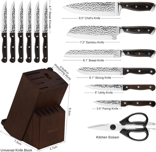 Kitchen Knife Set with Block, 15-Piece Professional Stainless Steel Sharp Knives Set for Kitchen with Built-in Sharpener, Ergonomic Wooden Handle, Full Tang Forged Triple Rivet, Boxed Knife Set