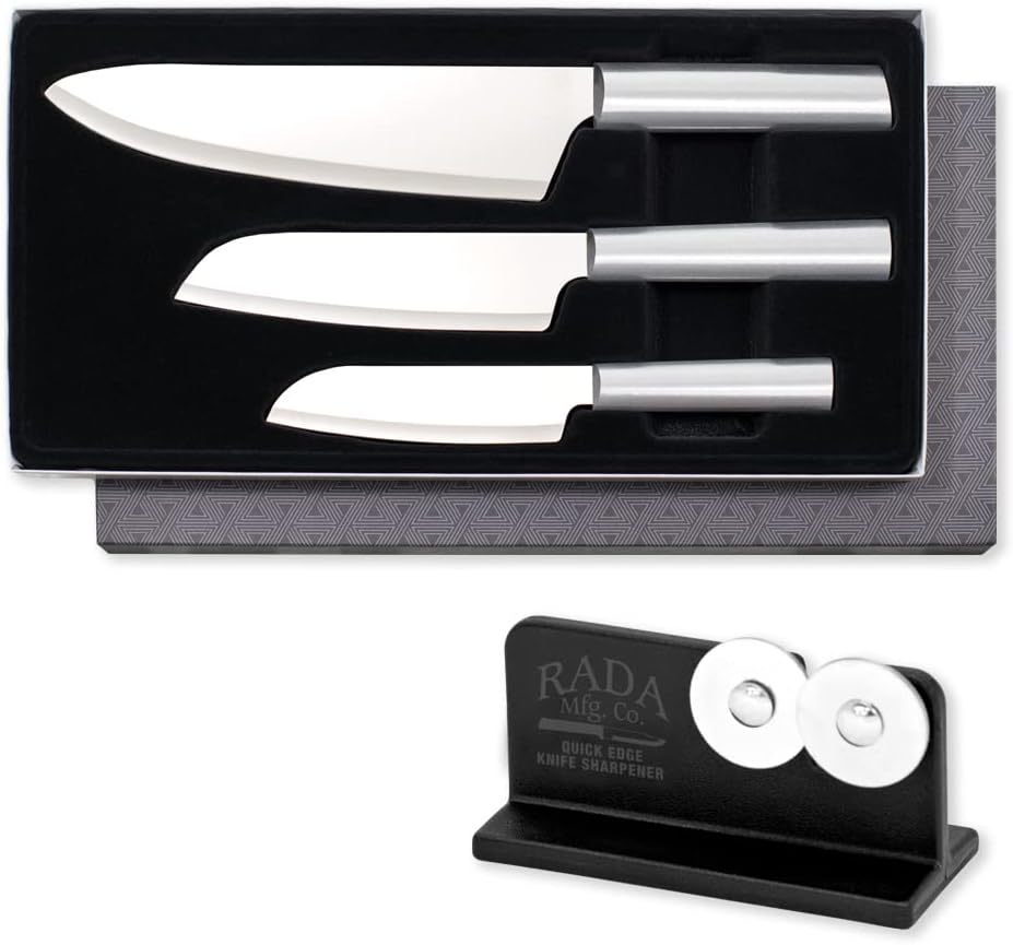 Chef Select Gift Set (S57) + Sharpener, Silver Handle | 3-Piece Knife Set with Quick Edge Sharpener (R119), Stainless Steel Blades, Silver Cast Aluminum Handle