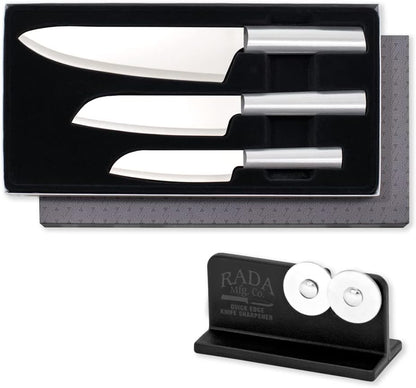 Chef Select Gift Set (S57) + Sharpener, Silver Handle | 3-Piece Knife Set with Quick Edge Sharpener (R119), Stainless Steel Blades, Silver Cast Aluminum Handle