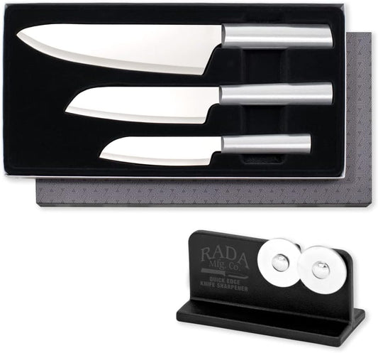 Chef Select Gift Set (S57) + Sharpener, Silver Handle | 3-Piece Knife Set with Quick Edge Sharpener (R119), Stainless Steel Blades, Silver Cast Aluminum Handle