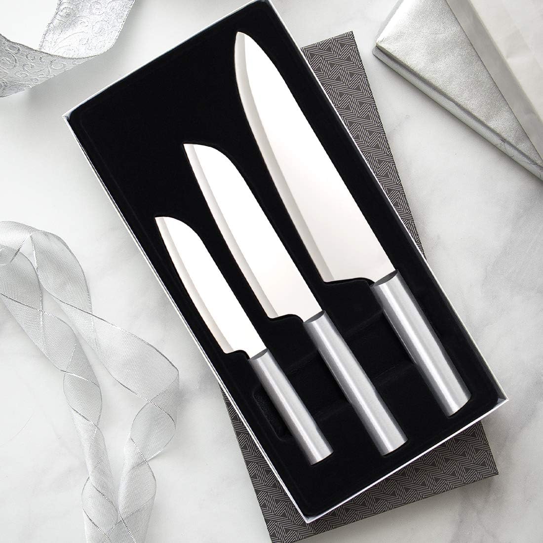 Chef Select Gift Set (S57) + Sharpener, Silver Handle | 3-Piece Knife Set with Quick Edge Sharpener (R119), Stainless Steel Blades, Silver Cast Aluminum Handle