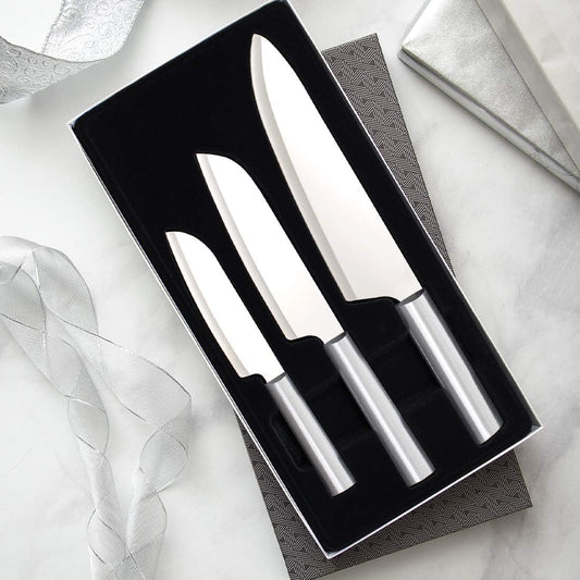 Chef Select Gift Set (S57) + Sharpener, Silver Handle | 3-Piece Knife Set with Quick Edge Sharpener (R119), Stainless Steel Blades, Silver Cast Aluminum Handle