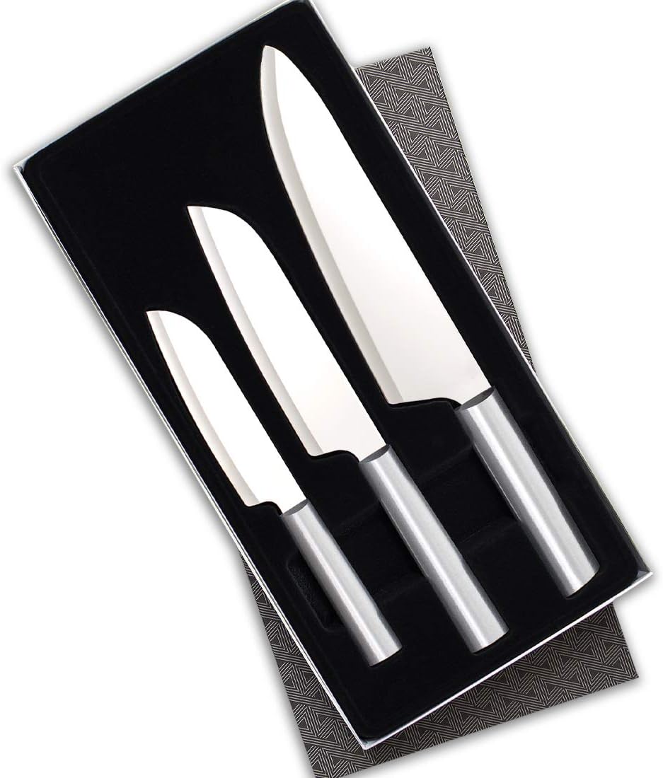 Chef Select Gift Set (S57) + Sharpener, Silver Handle | 3-Piece Knife Set with Quick Edge Sharpener (R119), Stainless Steel Blades, Silver Cast Aluminum Handle