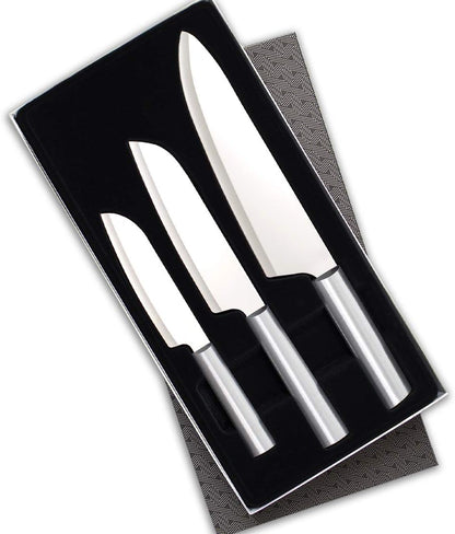 Chef Select Gift Set (S57) + Sharpener, Silver Handle | 3-Piece Knife Set with Quick Edge Sharpener (R119), Stainless Steel Blades, Silver Cast Aluminum Handle