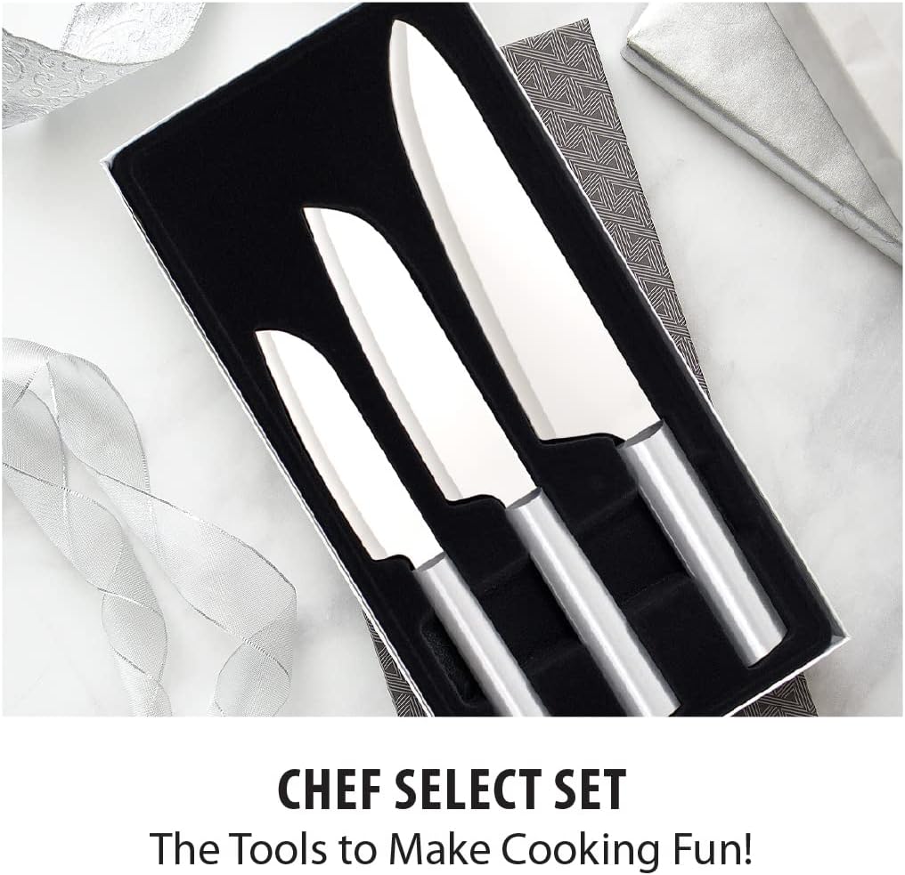 Chef Select Gift Set (S57) + Sharpener, Silver Handle | 3-Piece Knife Set with Quick Edge Sharpener (R119), Stainless Steel Blades, Silver Cast Aluminum Handle