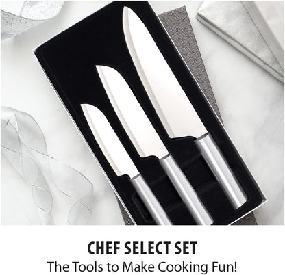 Chef Select Gift Set (S57) + Sharpener, Silver Handle | 3-Piece Knife Set with Quick Edge Sharpener (R119), Stainless Steel Blades, Silver Cast Aluminum Handle