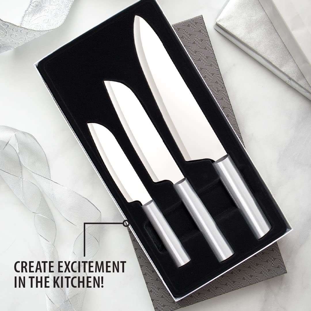 Chef Select Gift Set (S57) + Sharpener, Silver Handle | 3-Piece Knife Set with Quick Edge Sharpener (R119), Stainless Steel Blades, Silver Cast Aluminum Handle
