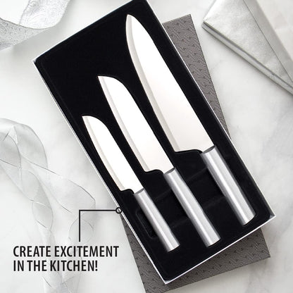Chef Select Gift Set (S57) + Sharpener, Silver Handle | 3-Piece Knife Set with Quick Edge Sharpener (R119), Stainless Steel Blades, Silver Cast Aluminum Handle