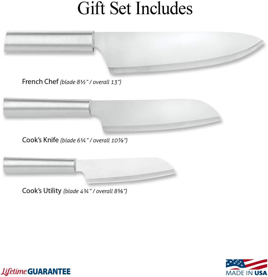 Chef Select Gift Set (S57) + Sharpener, Silver Handle | 3-Piece Knife Set with Quick Edge Sharpener (R119), Stainless Steel Blades, Silver Cast Aluminum Handle