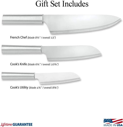 Chef Select Gift Set (S57) + Sharpener, Silver Handle | 3-Piece Knife Set with Quick Edge Sharpener (R119), Stainless Steel Blades, Silver Cast Aluminum Handle