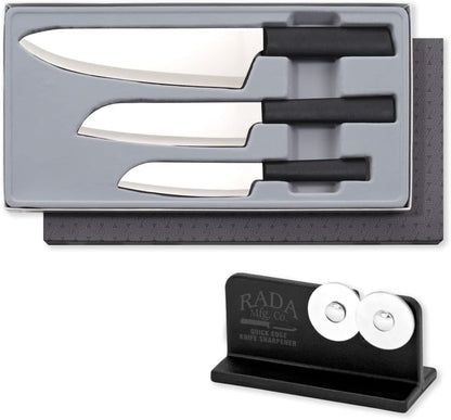 Chef Select Gift Set (S57) + Sharpener, Silver Handle | 3-Piece Knife Set with Quick Edge Sharpener (R119), Stainless Steel Blades, Silver Cast Aluminum Handle
