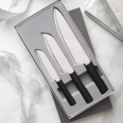 Chef Select Gift Set (S57) + Sharpener, Silver Handle | 3-Piece Knife Set with Quick Edge Sharpener (R119), Stainless Steel Blades, Silver Cast Aluminum Handle