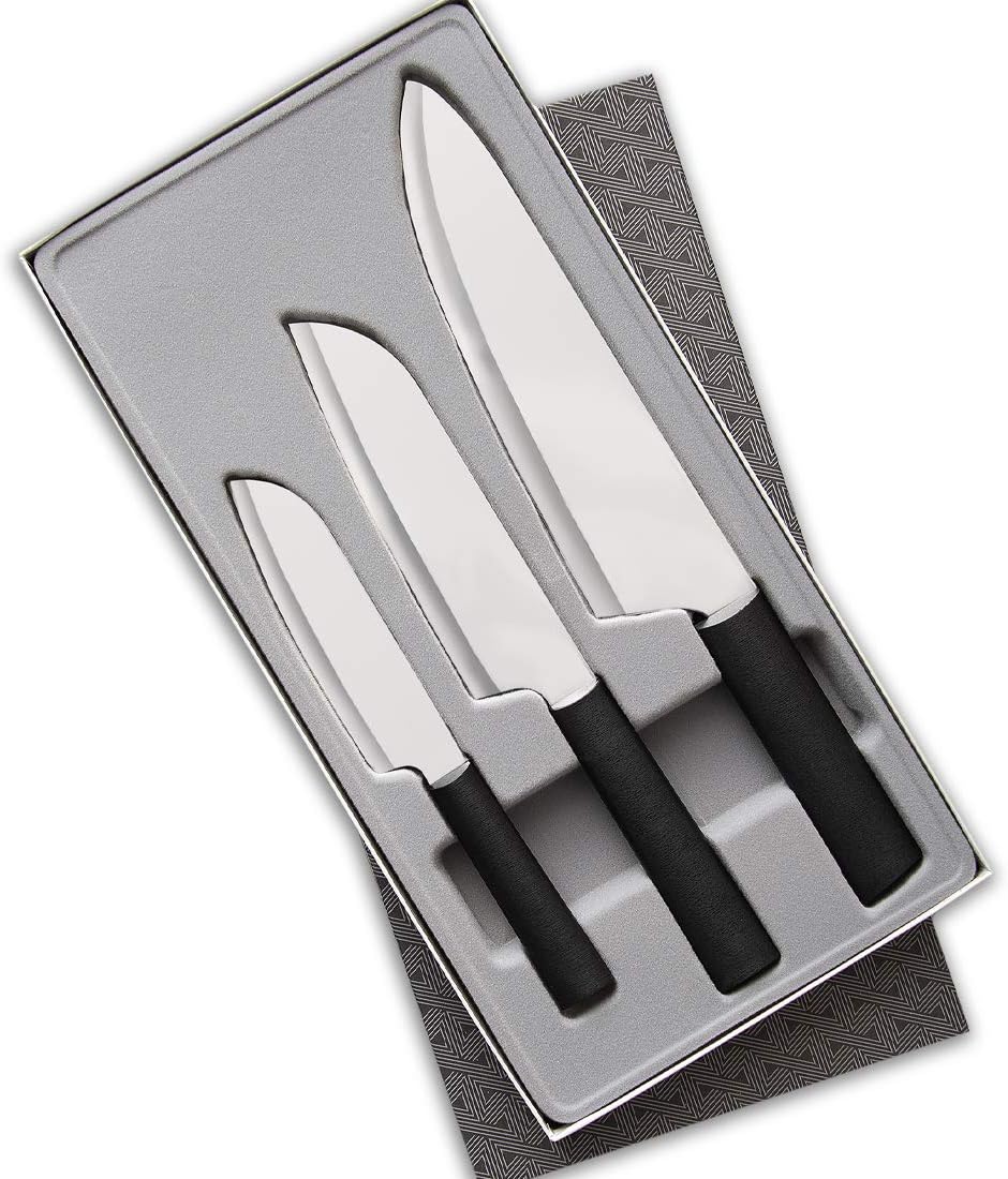Chef Select Gift Set (S57) + Sharpener, Silver Handle | 3-Piece Knife Set with Quick Edge Sharpener (R119), Stainless Steel Blades, Silver Cast Aluminum Handle