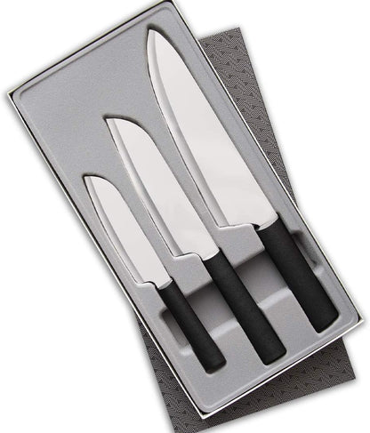 Chef Select Gift Set (S57) + Sharpener, Silver Handle | 3-Piece Knife Set with Quick Edge Sharpener (R119), Stainless Steel Blades, Silver Cast Aluminum Handle