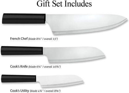 Chef Select Gift Set (S57) + Sharpener, Silver Handle | 3-Piece Knife Set with Quick Edge Sharpener (R119), Stainless Steel Blades, Silver Cast Aluminum Handle