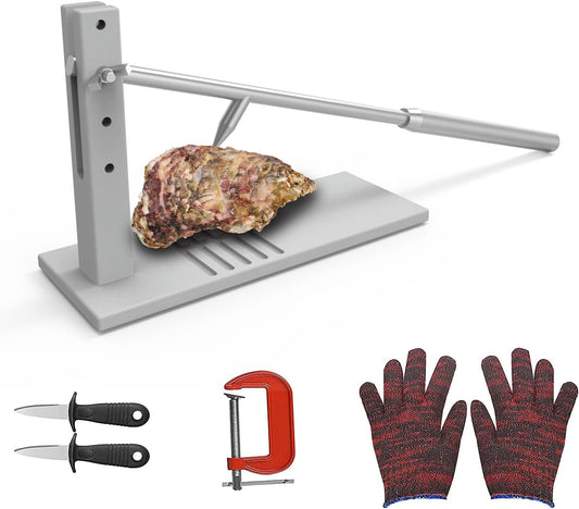 Heavy Duty Oyster Shucker Tool Kit – Stainless Steel Clam Opener Machine with 5 Height Settings, 2 Shucking Knives, Glove & G-Clamp for Safe and Easy Shellfish Opening at Home or Buffet