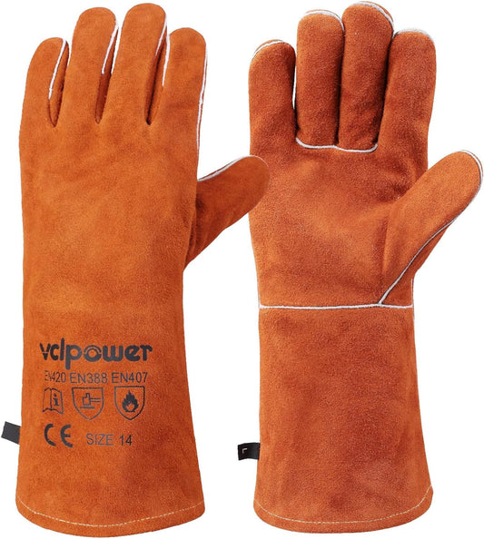 Welding Gloves Fire Heat Resistant 14IN Fireproof Leather for Welding Fire Pit Wood Stove Campfire Furnace BBQ Baking,Grill Oven Stick Mig Tig Gear Gift for Man L