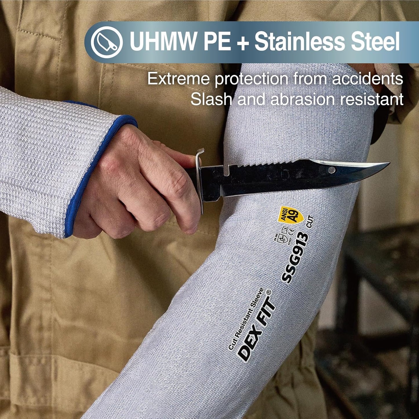 SSG913S ANSI A9 Cut Resistant Sleeves with Thumb Hole, Comfortable Arm Covers for Thin Skin and Bruising, Anti Slip Strap, Machine Washable; Blue M 1 Pair
