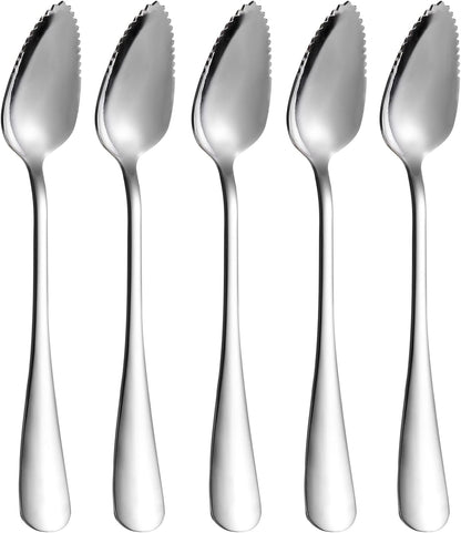 5 PCS Grapefruit Spoons, Stainless Steel Grapefruit Spoon Utensil Set | Serrated Edge & Thick Gauge Handle, Silver Kitchen Tool with Non-stick Plating for Kiwi, Dessert, Apple, Citrus Fruit