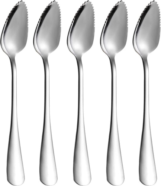 5 PCS Grapefruit Spoons, Stainless Steel Grapefruit Spoon Utensil Set | Serrated Edge & Thick Gauge Handle, Silver Kitchen Tool with Non-stick Plating for Kiwi, Dessert, Apple, Citrus Fruit
