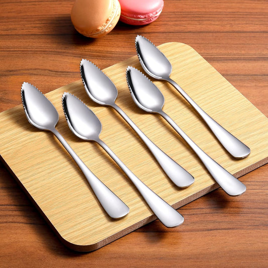 5 PCS Grapefruit Spoons, Stainless Steel Grapefruit Spoon Utensil Set | Serrated Edge & Thick Gauge Handle, Silver Kitchen Tool with Non-stick Plating for Kiwi, Dessert, Apple, Citrus Fruit