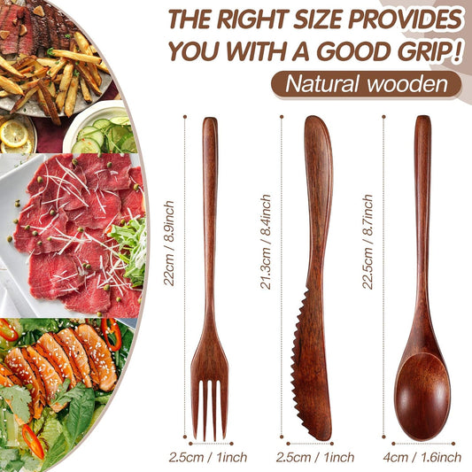 12 Pcs Wooden Utensils for Eating Wooden Spoon Fork Knife Cutlery Set Kitchen Wood Dinner Flatware Tableware Set Includes Spoon, Fork, Knife