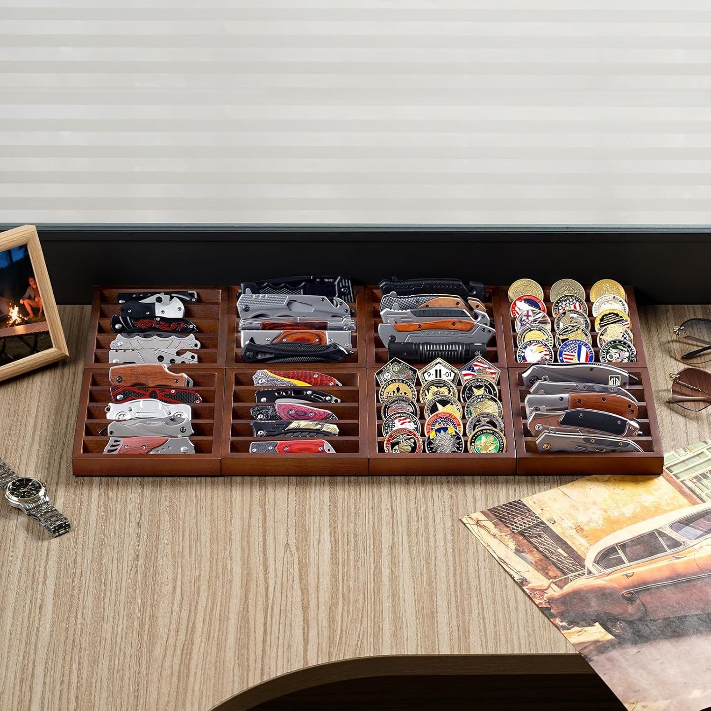 Knife Display Case Knife Holder for Pocket Knife Case Storage, Edc Tray Fits Edc Flashlight (Walnut,2 Pack)