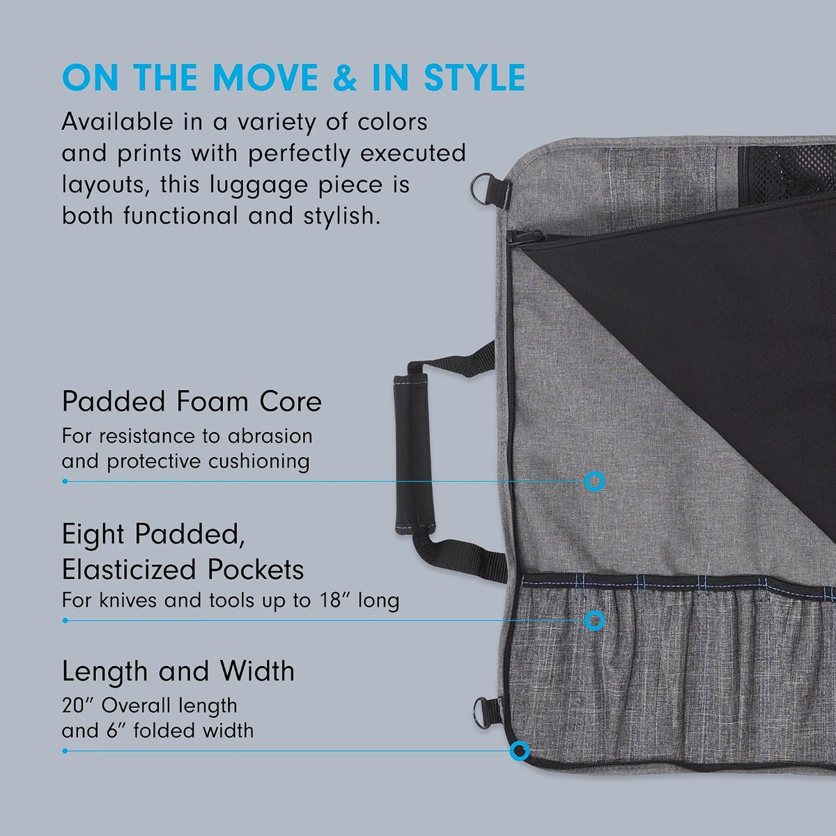 Preservation 8-Pocket Knife Luggage, Heather Gray - 8 Elasticized, Reinforced Pockets for Culinary Tools - Holds Up to 18” Knife - Made From 100% Recycled Water Bottles