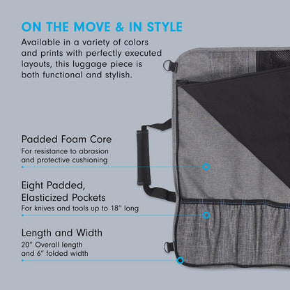 Preservation 8-Pocket Knife Luggage, Heather Gray - 8 Elasticized, Reinforced Pockets for Culinary Tools - Holds Up to 18” Knife - Made From 100% Recycled Water Bottles