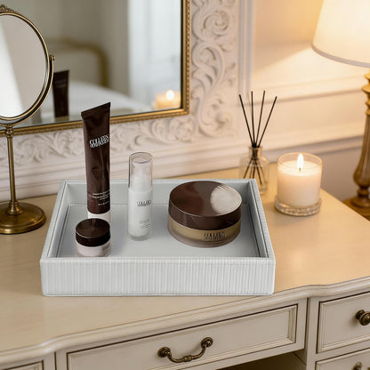 Faux Leather Vanity Tray, Elegant Desktop Storage Organizer, Decorative Catchall for Perfume, Bathroom Valet, Nightstand or Dresser, 10.2 x 8.4 x 1.8 inches (Grey Stripe)