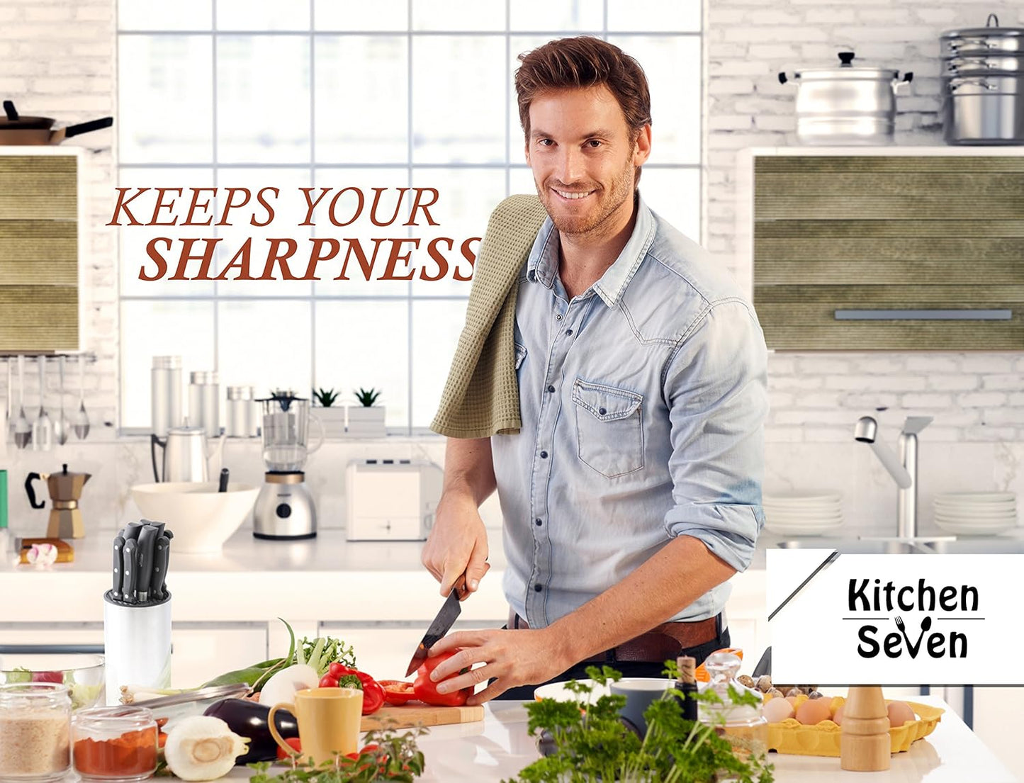 Universal Knife Block - Stainless Steel Kitchen Knife Holder Without Knives - Round Space -Saver Knife Storage Stand safely stores knives while keeping blades clean and sharp