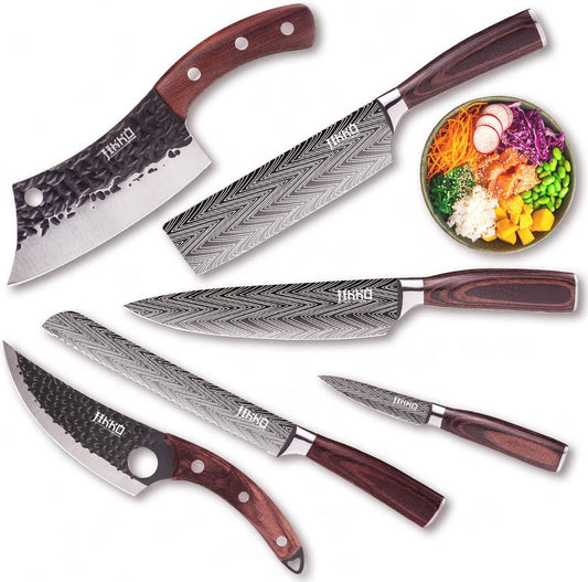 New Reinforced Carbon Steel Japanese Kitchen Knife Set – DiamondRazor Series – Ultra Sharp Japanese Knife Set & Chef Knife Set with Mahogany Wood Handles – Professional Chef's Knives