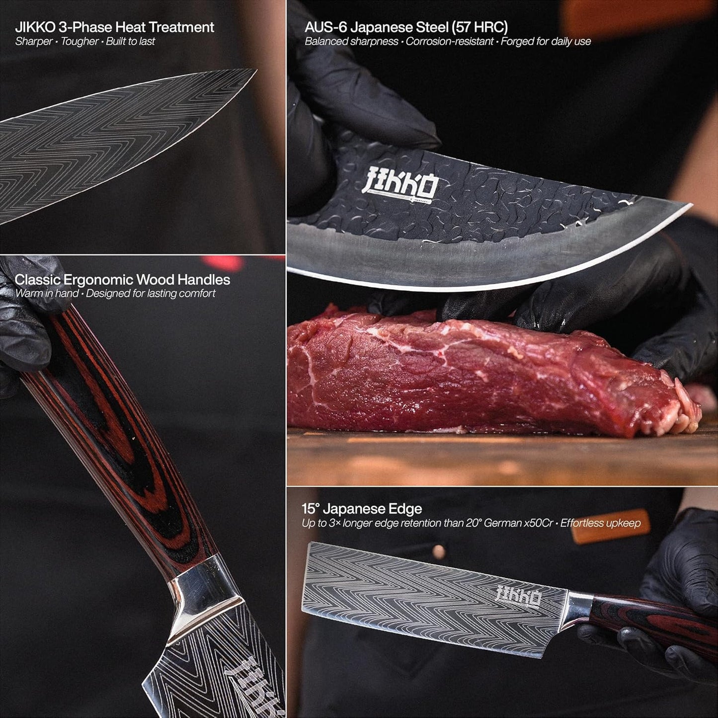 New Reinforced Carbon Steel Japanese Kitchen Knife Set – DiamondRazor Series – Ultra Sharp Japanese Knife Set & Chef Knife Set with Mahogany Wood Handles – Professional Chef's Knives