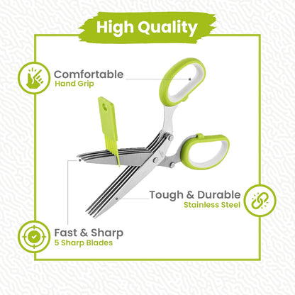 5-Blade Stainless Steel Herb Scissors with Cleaning Comb & Vegetable Peeler – Multi-Use Herb Cutter for Basil, Parsley, Cilantro & Kale